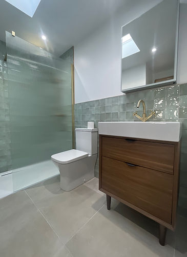 modern bathroom with wooden sink cabinet, toilet, shower and mirror