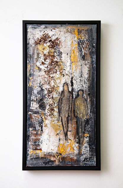 Abstrakte Acrylmalerei von zwei Personen an einer Promenade