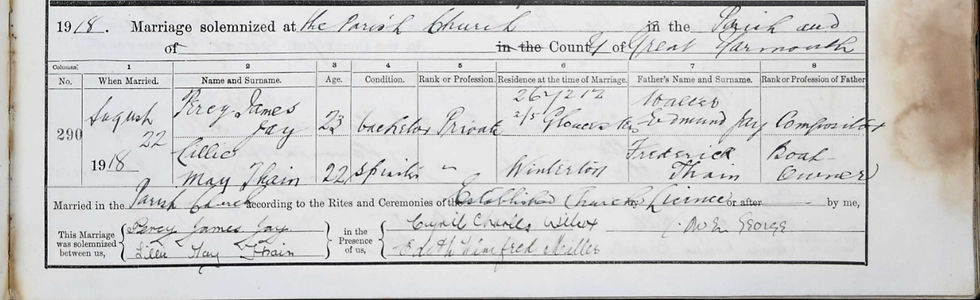 Percy James Jay & Lillie May Thain Parish Marriage 1918. © Norfolk Record Office & Ancestry (29)