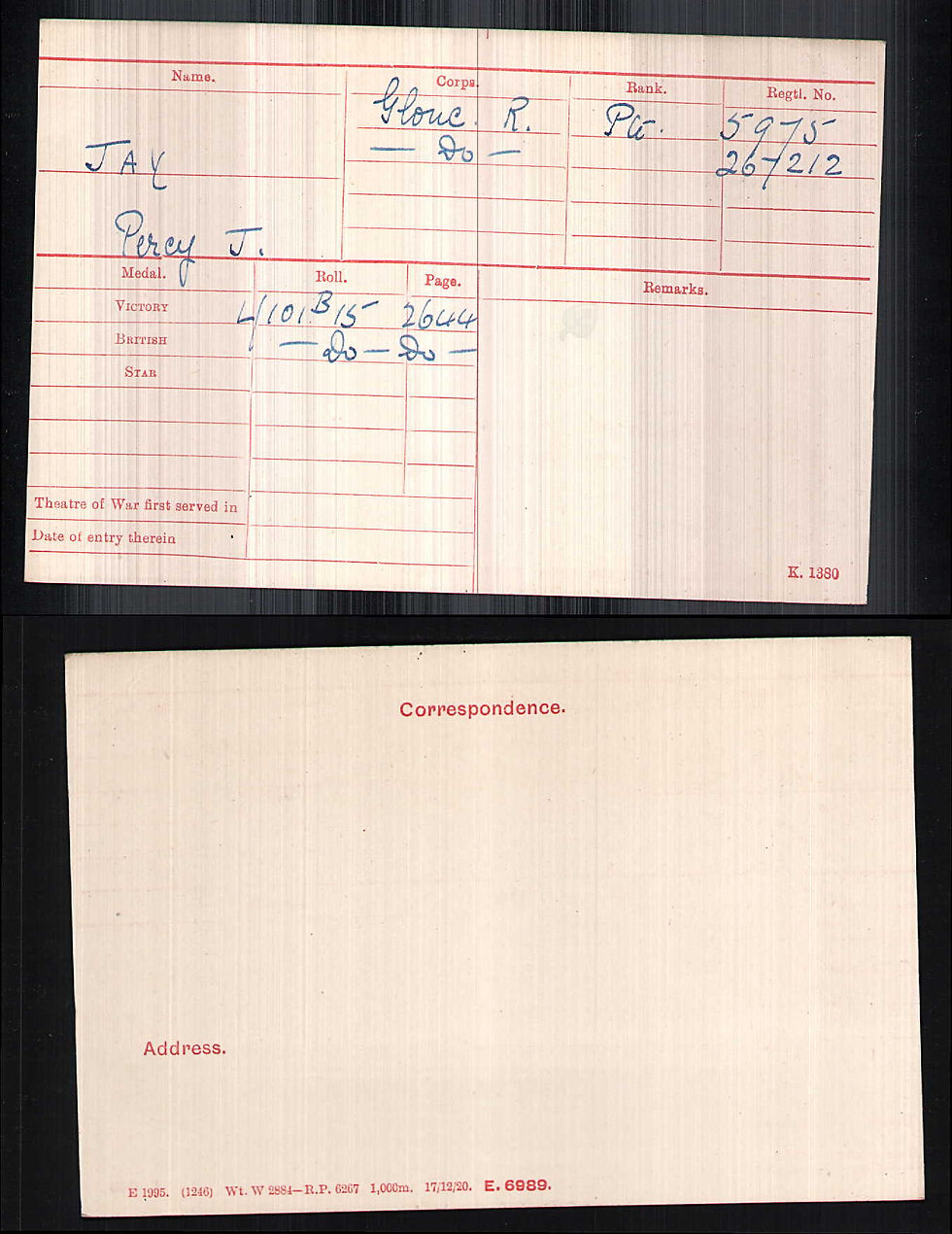 Percy James Jay, WW1 Medal Roll Index Cards, © Western Front Association & Ancestry (31)