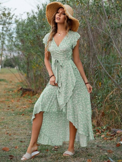 Woman styled in floral dress with garden-inspired accessories like straw hats, pastel tones, and embroidery details – perfect for summer fashion inspiration.