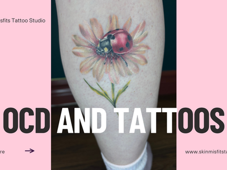 Image of a tattoo of a flower and a lady bug, with text that says OCD and TATTOOS