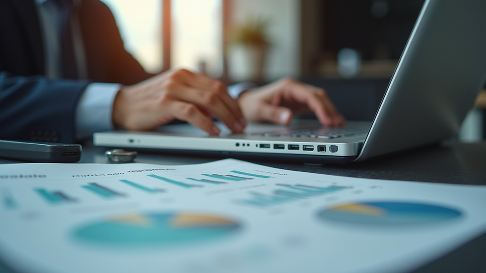 Close-up view of a business consultant analyzing financial charts on a laptop