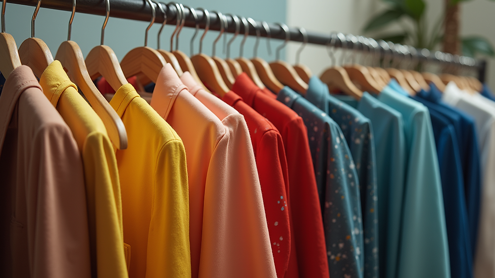 Eye-level view of a colorful clothing rack filled with stylish outfits