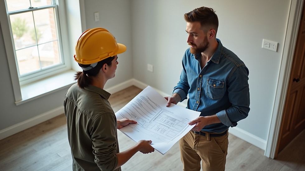 High angle view of a contractor discussing bathroom plans with a homeowner