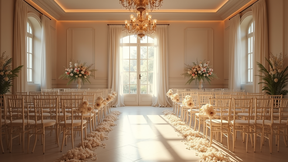 Wide angle view of a beautifully decorated wedding venue