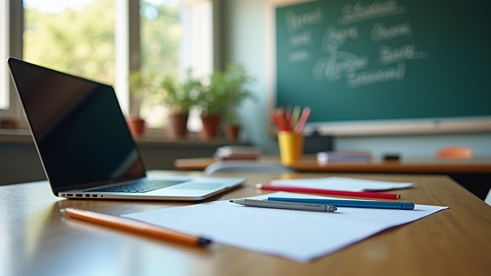 Close-up view of a teacher's desk with colorful teaching materials and a laptop