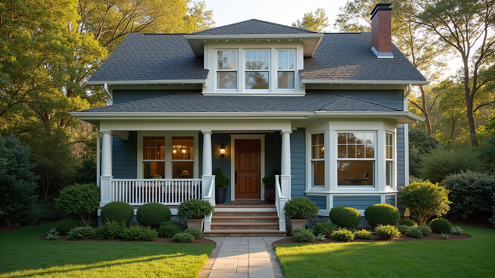 High angle view of a craftsman-style home with custom bay windows