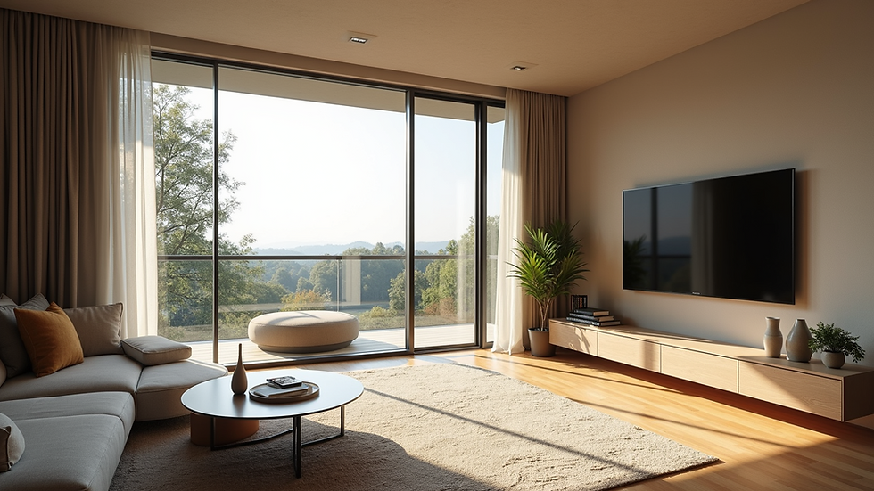 High angle view of a modern living room with large custom windows