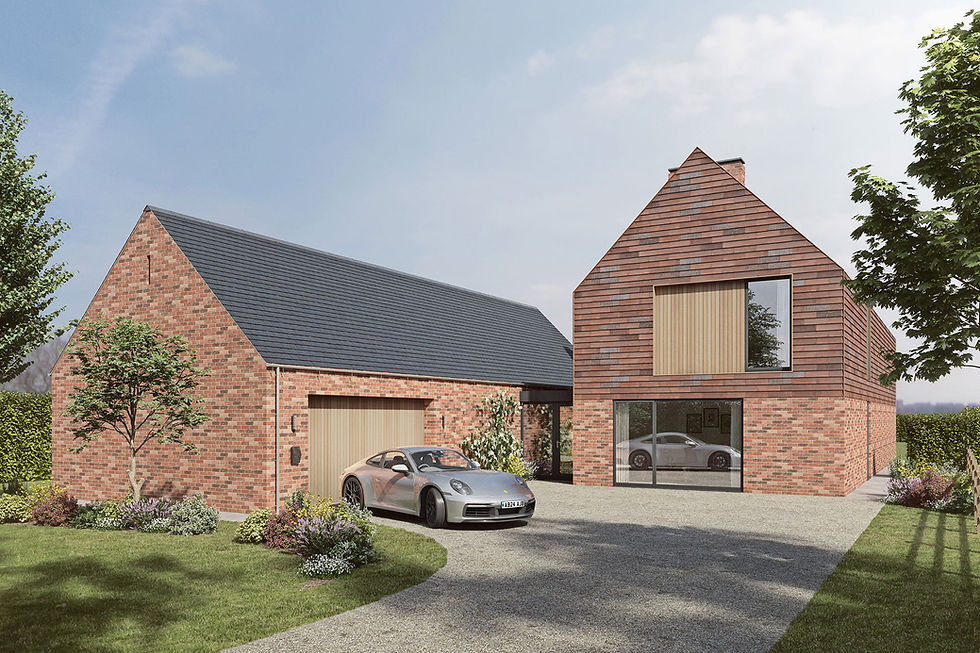 Modern brick house with large windows, a clay tile roof, and a grey sports car parked on a gravel driveway. Lush garden and clear blue sky enhance a serene ambiance.
