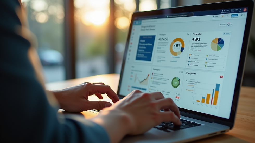 Eye-level view of a remote worker using a laptop with multiple marketing dashboards open