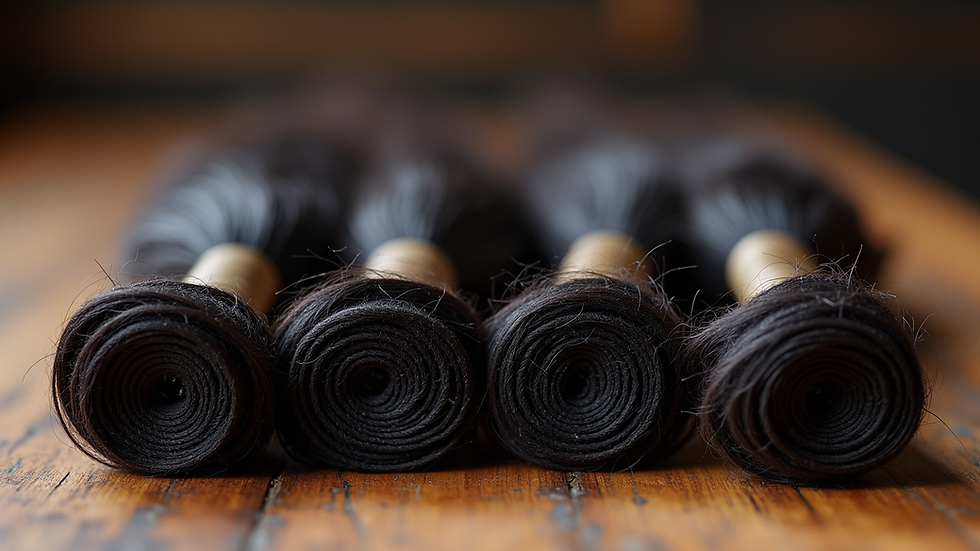 Eye-level view of bundles of Brazilian and Peruvian raw hair