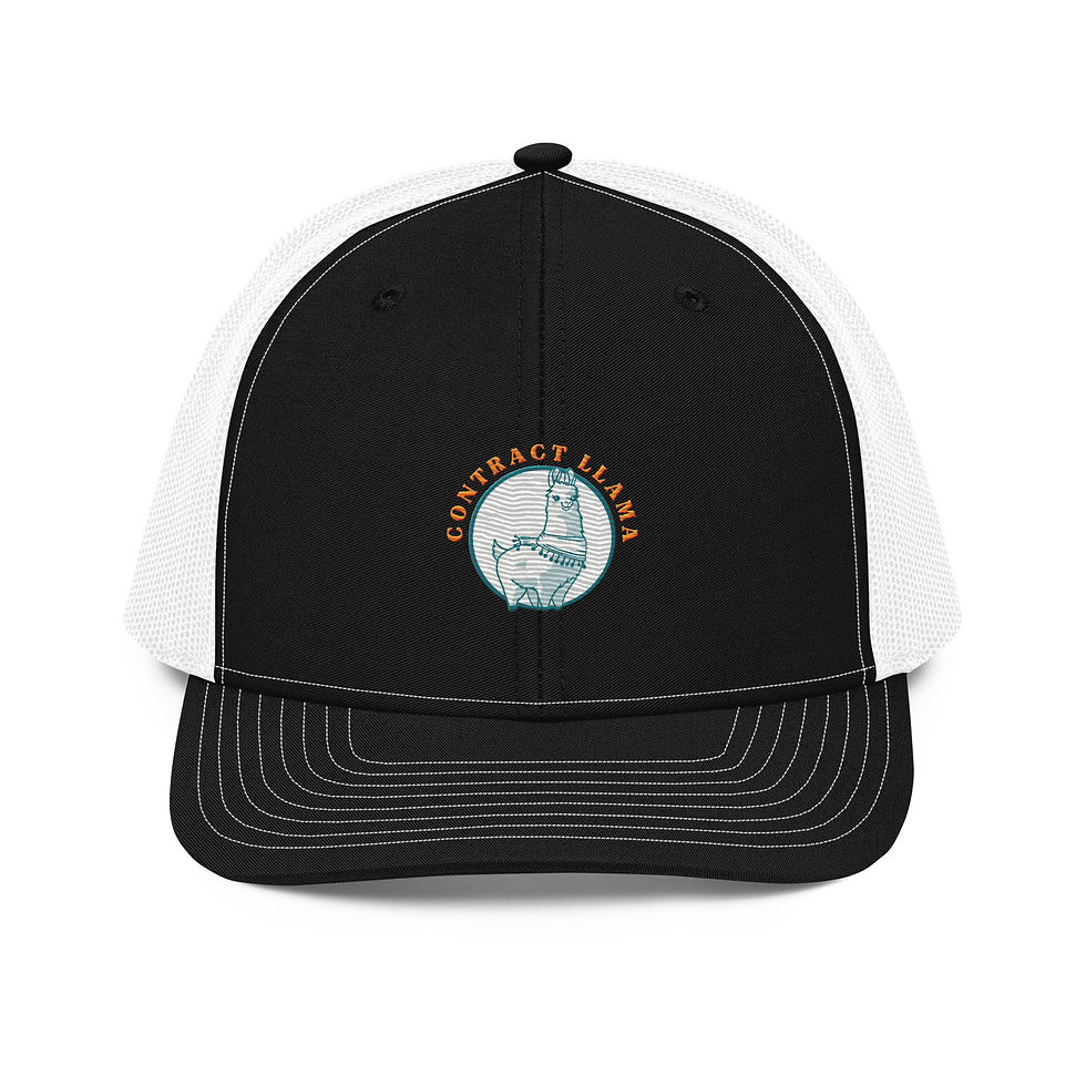 Thumbnail: Black and white Contract Llama hat with orange circle logo emblem