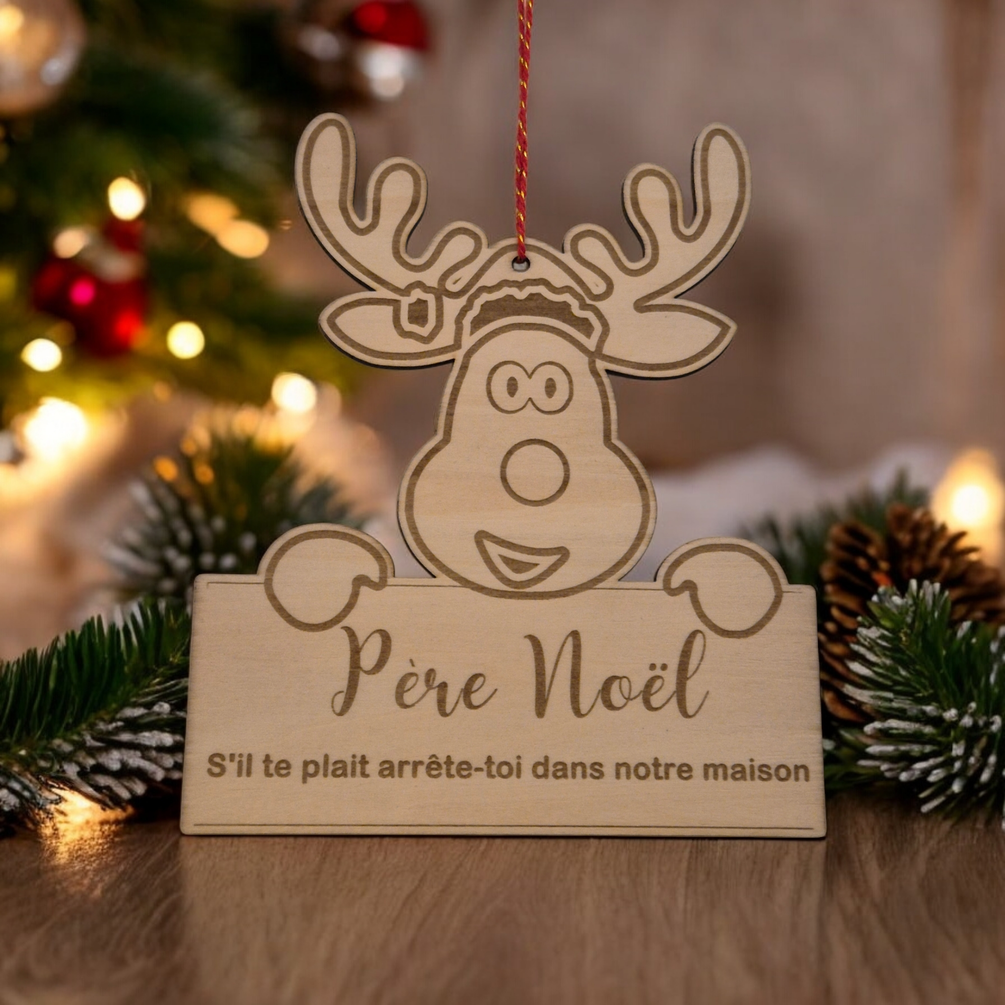 Plaque de porte en bois motif Renne – “Père Noël, arrête-toi ici” 🎅🦌✨