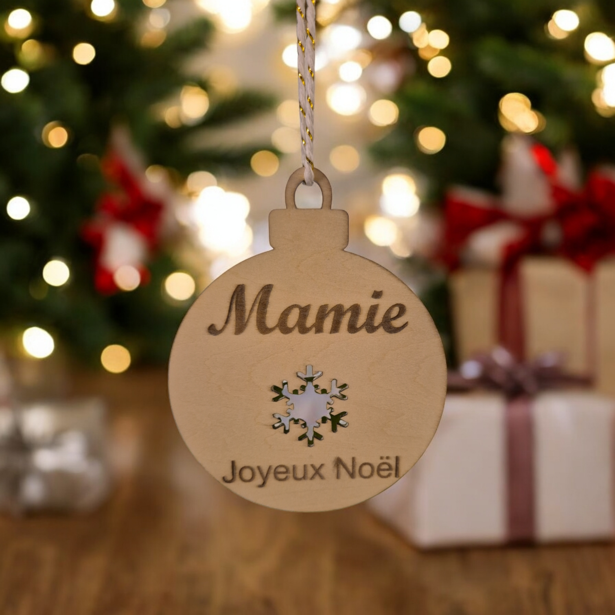 Boule de Noël en bois personnalisable – motif Flocon de neige ajouré ❄️✨