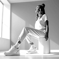 Young woman wearing jeans and trainers sitting in the middle of a room looking outside the window