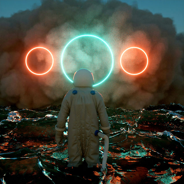 Astronaut and neon circular lights