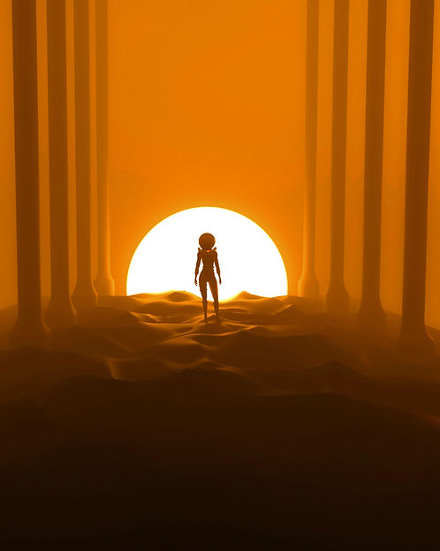 Cartoonish figure of a woman an a sci-fi movie setting