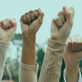 Raised fists of diverse people in a protest or rally, set against a blurred green outdoor background, conveying unity and strength.