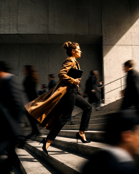 Ascending with purpose in a modern plaza