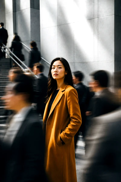 a woman in a modern architectural environment crowded with people