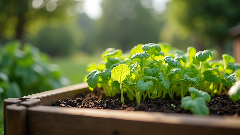 Eye-level view of small raised garden bed with leafy green vegetables