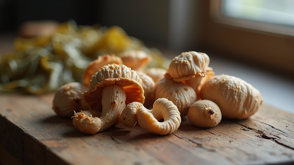 Close-up view of dried mushrooms and seaweeds on a wooden table