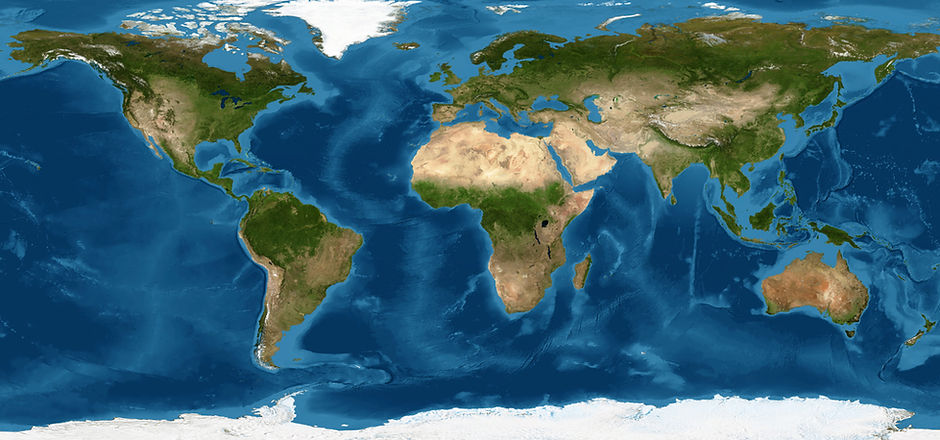 World map, Earth flat view. Detailed World physical map in satellite photo. Panoramic plan
