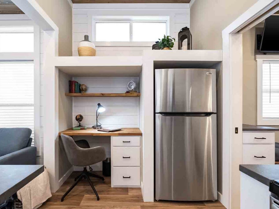 Small office desk in the Clayton Cheaha park model home kitchen.