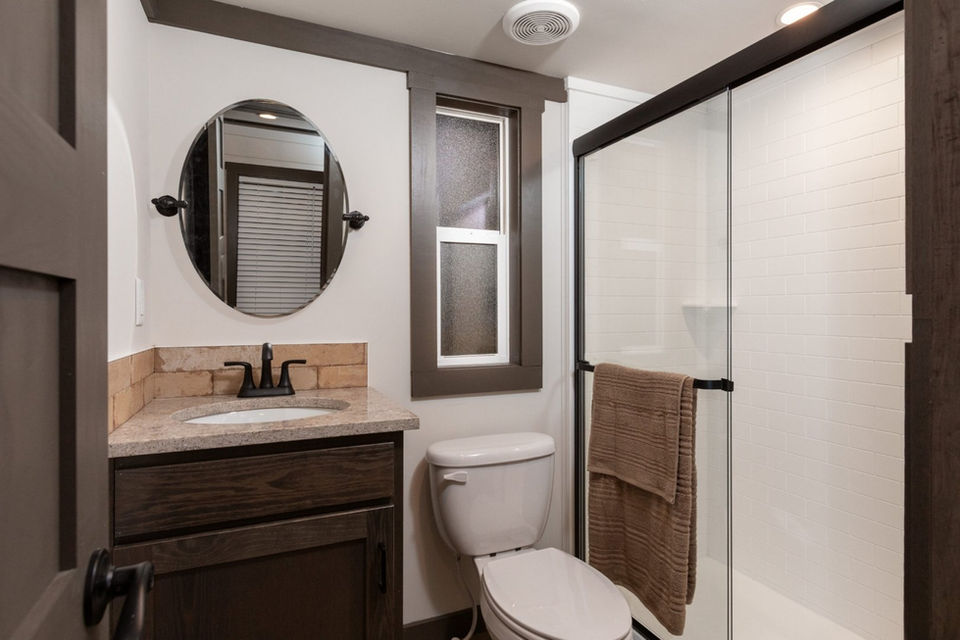 Bathroom interior of the Clayton Skyway park model home.