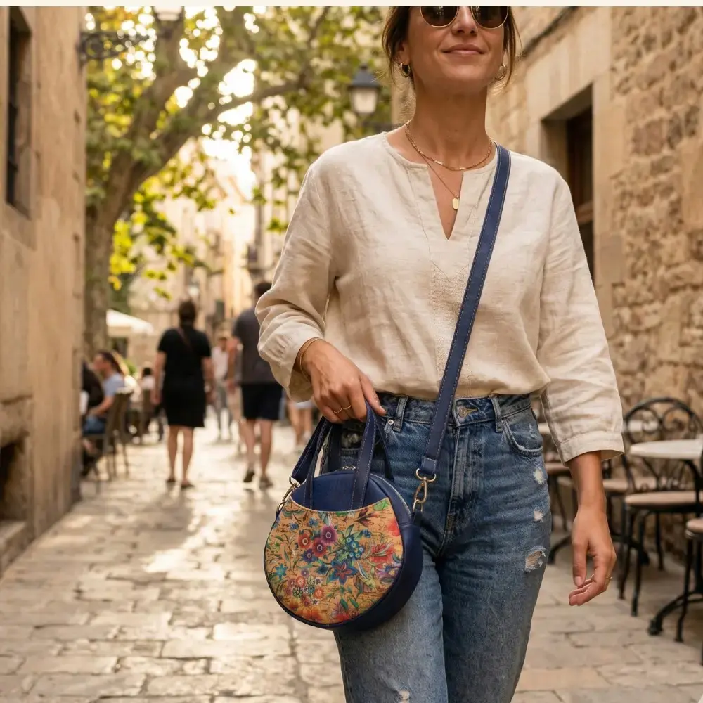 Ronde tas in blauw kurk door een model gedragen