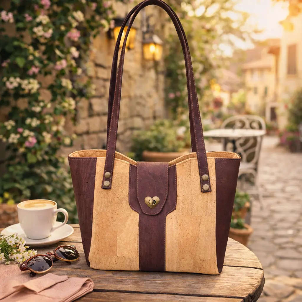 Schoudertas naturel met bruin kurk