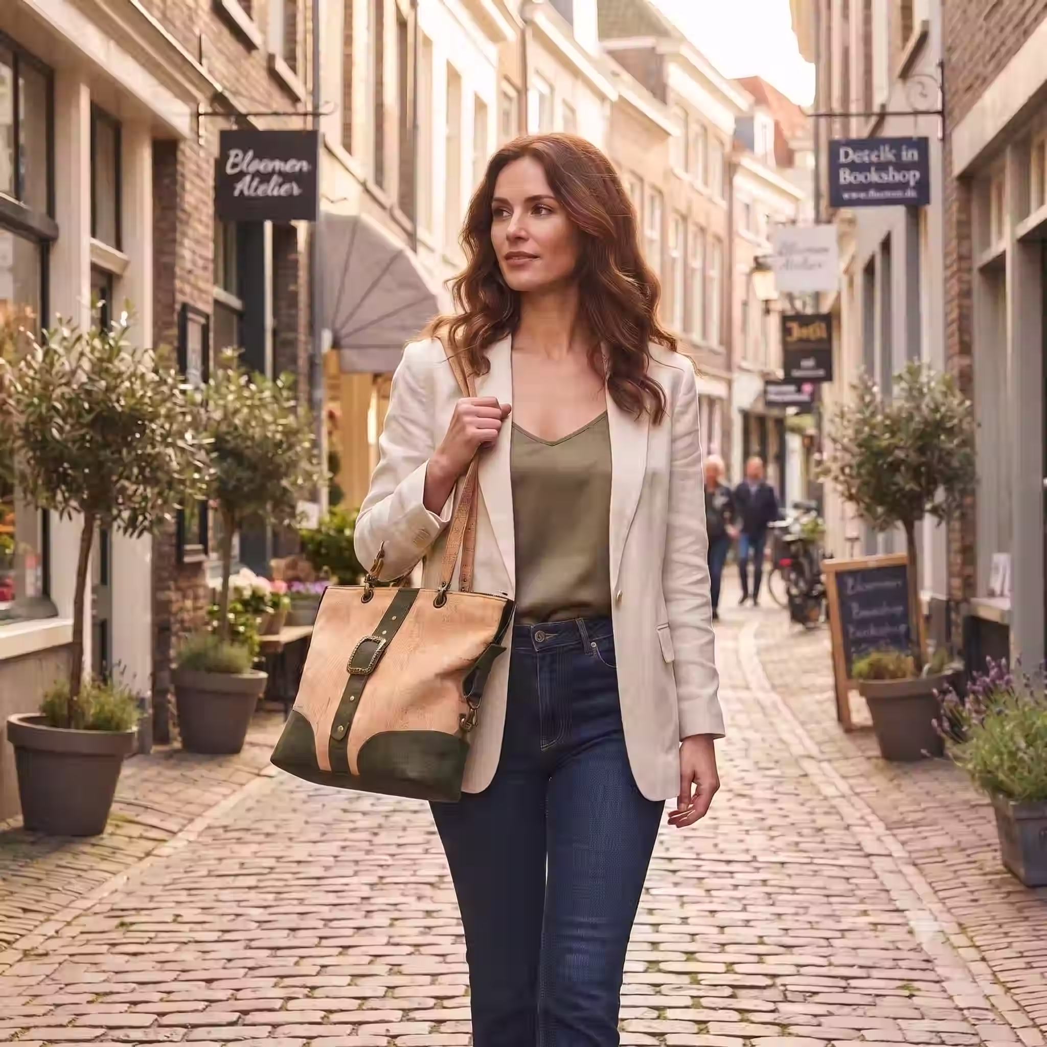 Kurken shopper naturel met goen de Olivia gedragen aan de schouder
