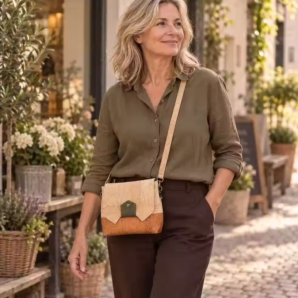 kurken crossbody tas naturel met cognac gedragen