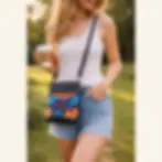 Kleurrijke crossbody tas van kurk gedragen door een model