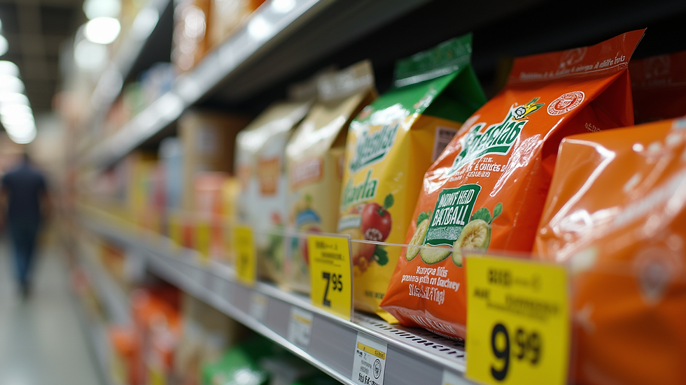 Close-up view of assorted discounted grocery items neatly arranged on store shelves