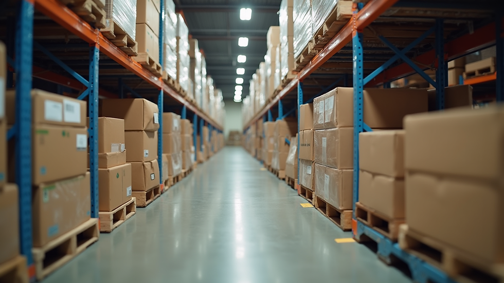 Close-up view of assorted grocery products stacked on pallets in a warehouse