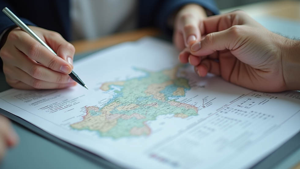 Close-up view of a travel advisor’s hands holding a travel itinerary and a pen