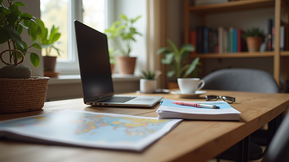 Wide angle view of a cozy home office setup with travel brochures and a laptop