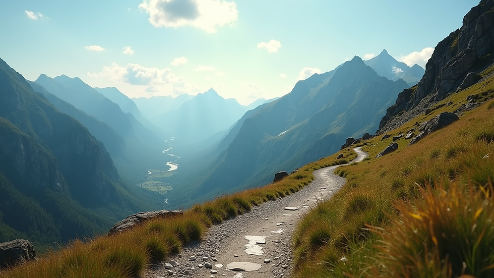 Eye-level view of a scenic mountain landscape with a winding trail