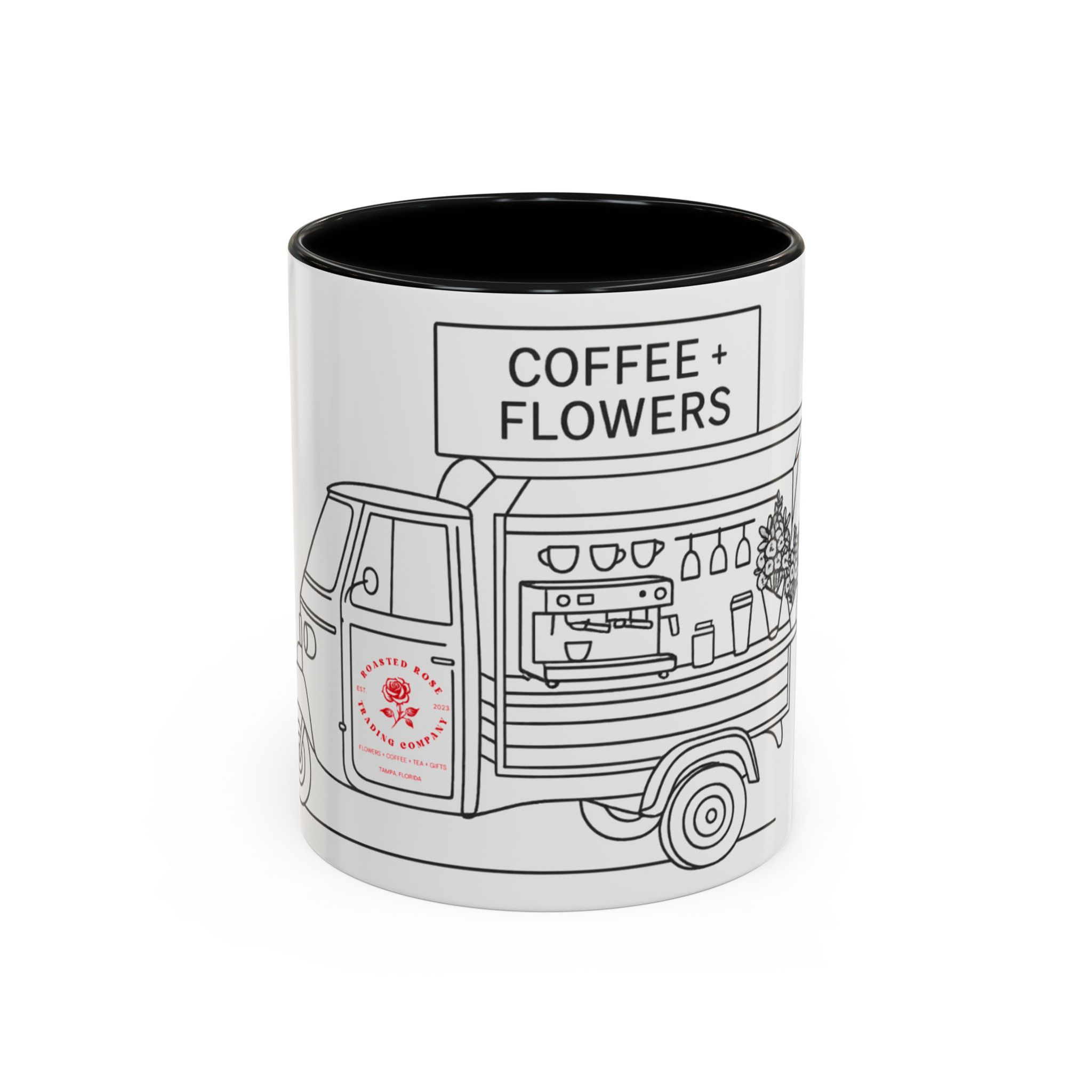 Roasted Rose Coffee + Flower Truck Mug – 11oz or 15oz Ceramic Mug (Red or Black)