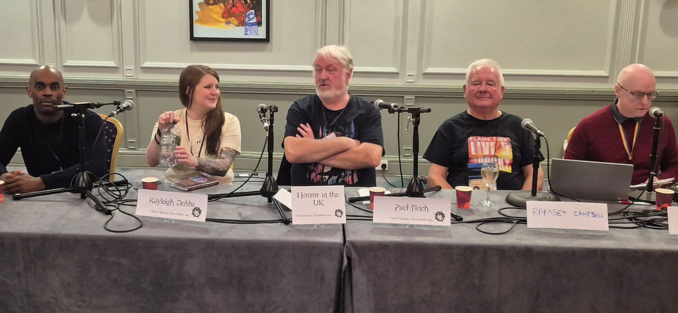 Horror in the U.K. panel. l-r: me, Kayleigh Dobbs, Paul Finch, Ramsey Campbell and Vince Docherty.