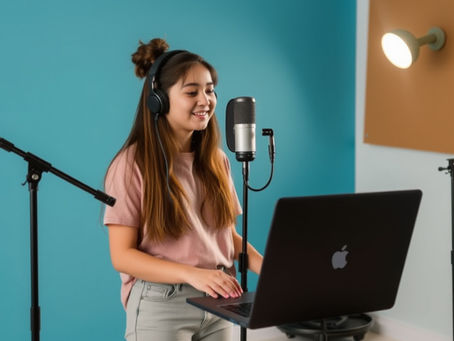 Teenage girl with microphone singing over her computer