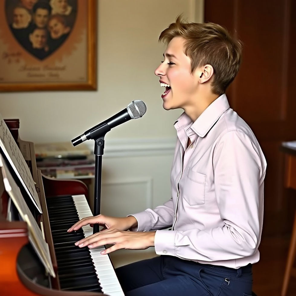 Boy singing and accompanying himself on the piano