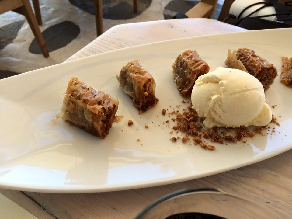 Baklava and Ice cream a traditional Greek dessert