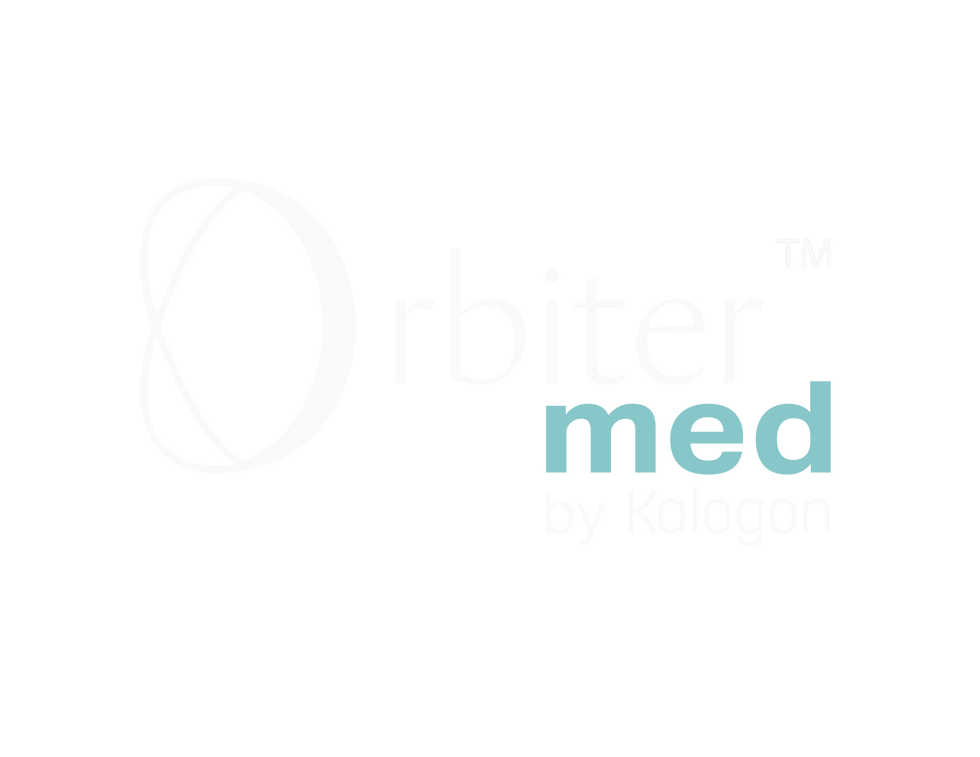 Orbiter Med by Kalogon Logo for our smart wheelchair cushion featuring white text for Orbiter and a light teal for med.