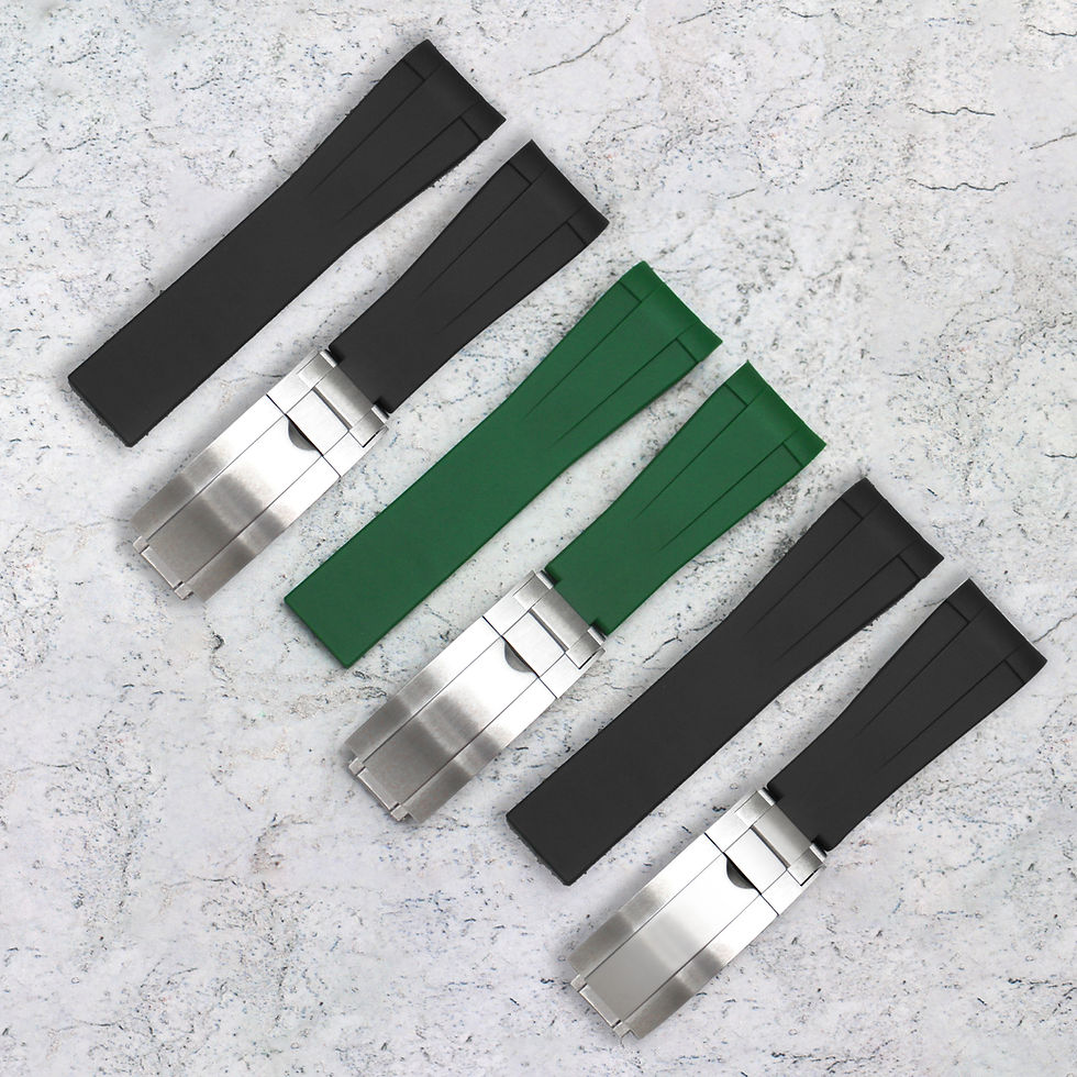 Thumbnail: Collection of green and black rubber straps with stainless steel deployment buckle for the Rolex Submariners and Rolex GMT