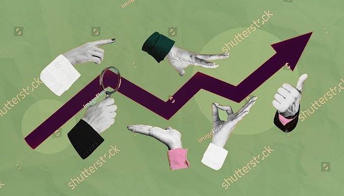 stock-photo-collage-of-hands-surrounding-an-upward-red-arrow-on-teal-background-in-creativ