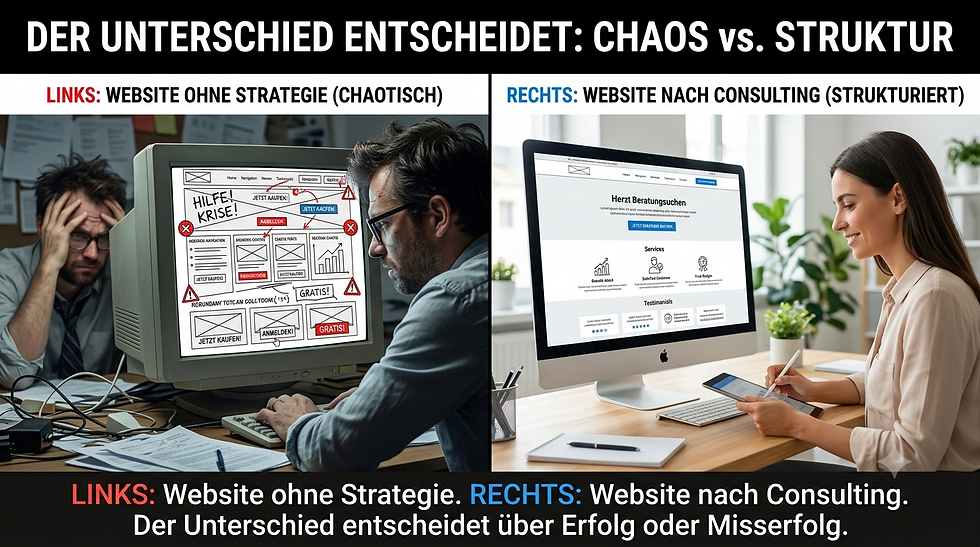 Links: Website ohne Strategie. Rechts: Website nach Consulting. Der Unterschied entscheidet über Erfolg oder Misserfolg.