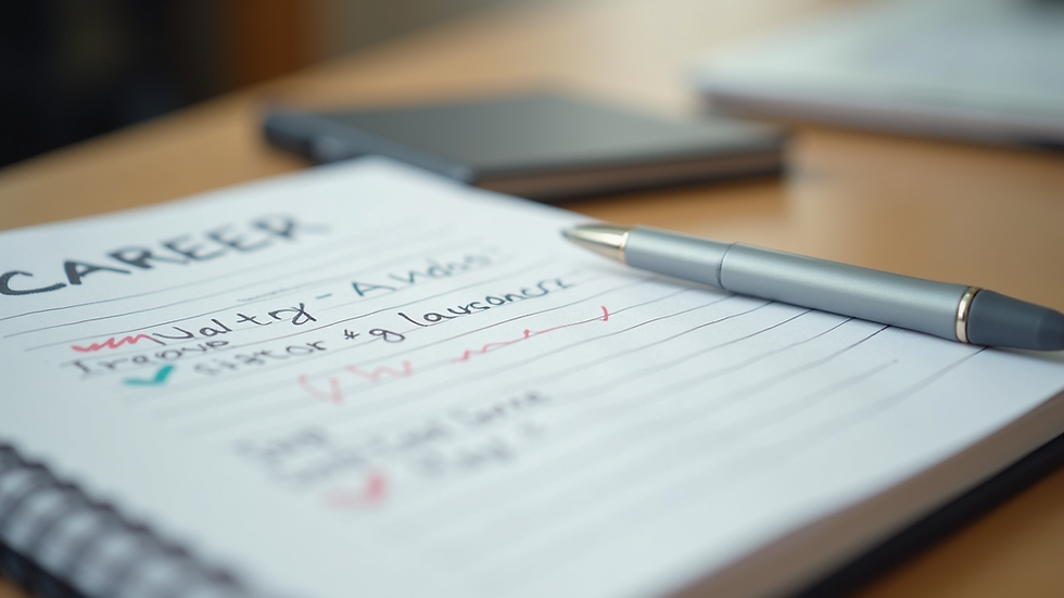 Close-up view of a notebook with career planning notes and a pen